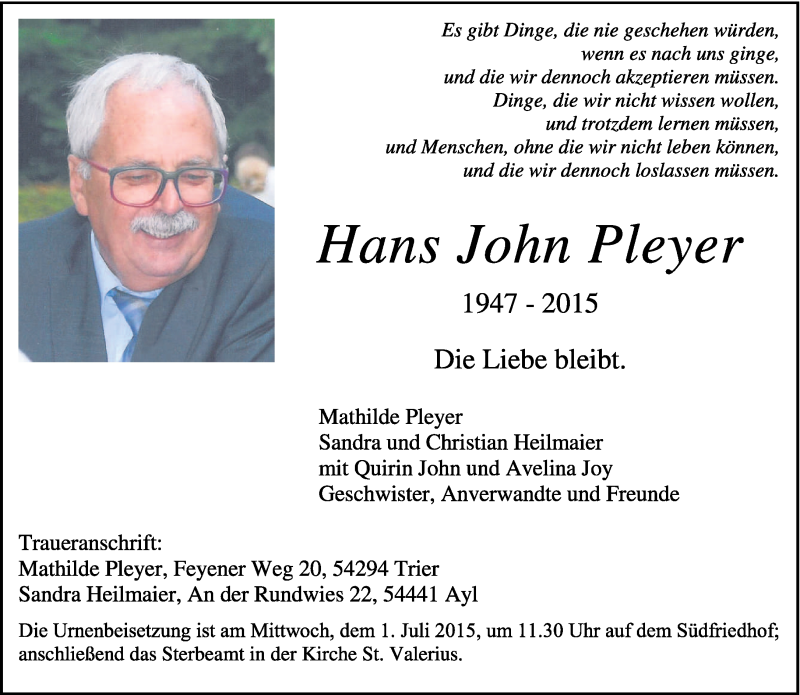 Traueranzeige für Hans John Pleyer vom 27.06.2015 aus trierischer_volksfreund