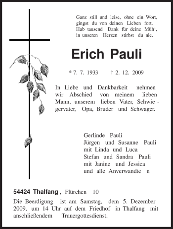 Traueranzeige von Erich Pauli von TRIERISCHER VOLKSFREUND
