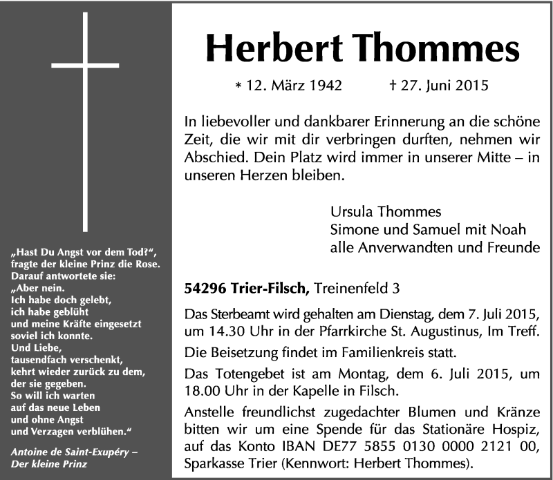  Traueranzeige für Herbert Thommes vom 03.07.2015 aus trierischer_volksfreund
