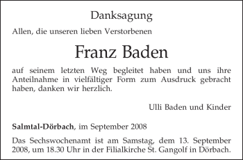 Traueranzeige von Franz Baden von TRIERISCHER VOLKSFREUND