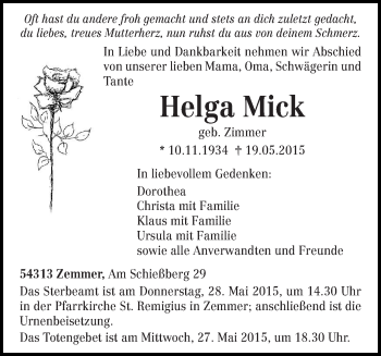 Traueranzeige von Helga Mick von trierischer_volksfreund