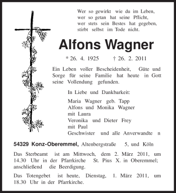 Traueranzeige von Alfons Wagner von TRIERISCHER VOLKSFREUND