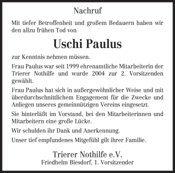 Traueranzeige von Uschi Paulus von TRIERISCHER VOLKSFREUND