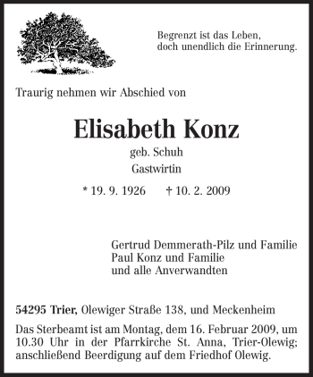 Traueranzeige von Elisabeth Konz von TRIERISCHER VOLKSFREUND
