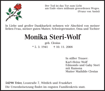 Traueranzeige von Monika Steri-Wolf von TRIERISCHER VOLKSFREUND