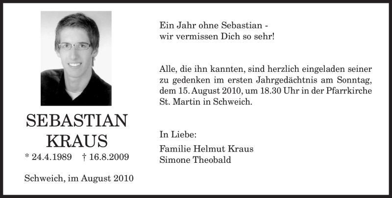  Traueranzeige für Sebastian Kraus vom 07.08.2010 aus TRIERISCHER VOLKSFREUND