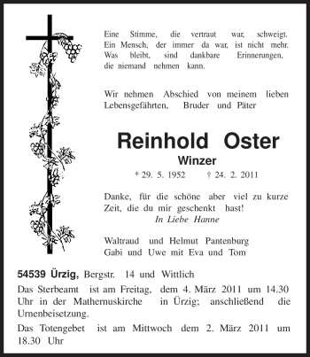 Traueranzeige von Reinhold Oster von TRIERISCHER VOLKSFREUND