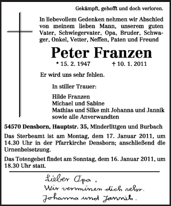 Traueranzeige von Peter Franzen von TRIERISCHER VOLKSFREUND