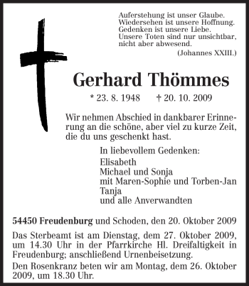 Traueranzeige von Gerhard Thömmes von TRIERISCHER VOLKSFREUND