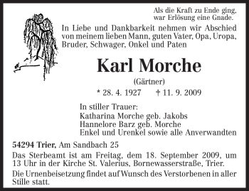 Traueranzeige von Karl Morche von TRIERISCHER VOLKSFREUND