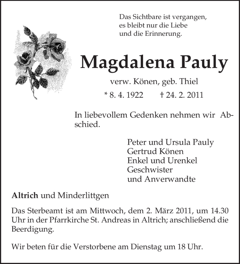  Traueranzeige für Magdalena Pauly vom 28.02.2011 aus TRIERISCHER VOLKSFREUND