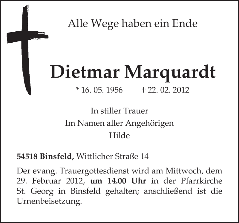  Traueranzeige für Dietmar Marquardt vom 25.02.2012 aus TRIERISCHER VOLKSFREUND