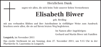 Traueranzeige von Elisabeth Biwer von TRIERISCHER VOLKSFREUND