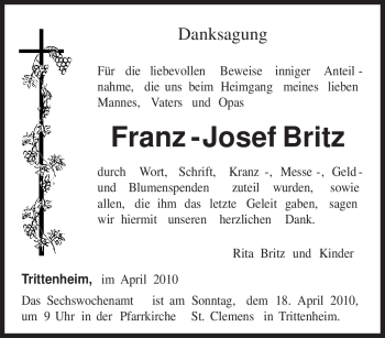 Traueranzeige von Franz - Josef Britz von TRIERISCHER VOLKSFREUND