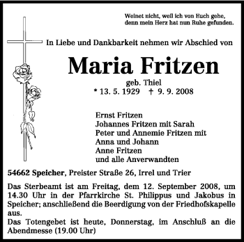 Traueranzeige von Maria Fritzen von TRIERISCHER VOLKSFREUND