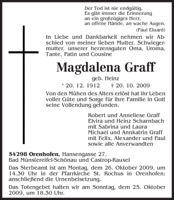 Traueranzeige von Magdalena Graff von TRIERISCHER VOLKSFREUND