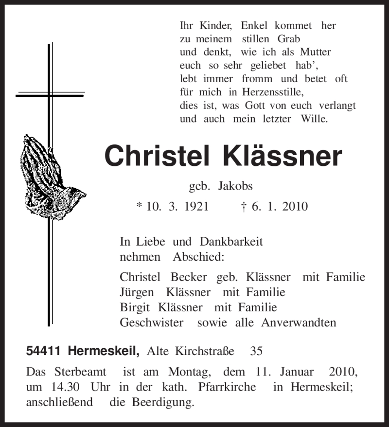  Traueranzeige für Christel Klässner vom 08.01.2010 aus TRIERISCHER VOLKSFREUND