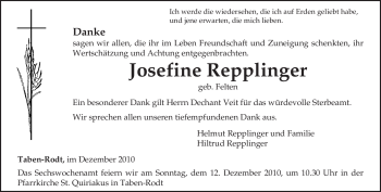 Traueranzeige von Josefine Repplinger von TRIERISCHER VOLKSFREUND