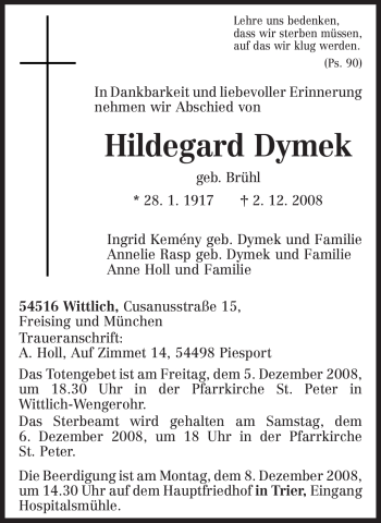 Traueranzeige von Hildegard Dymek von TRIERISCHER VOLKSFREUND