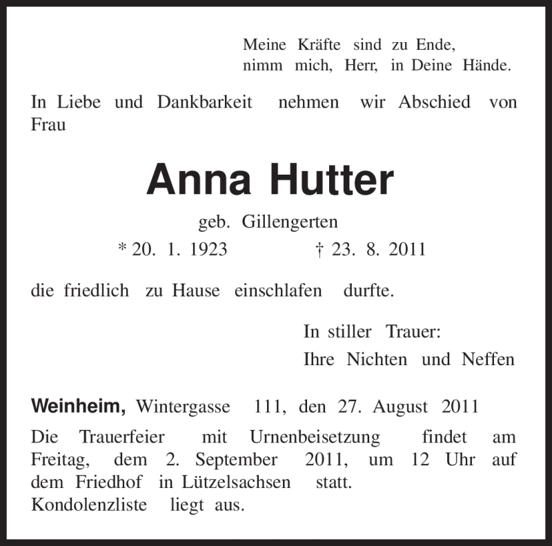  Traueranzeige für Anna Hutter vom 27.08.2011 aus TRIERISCHER VOLKSFREUND