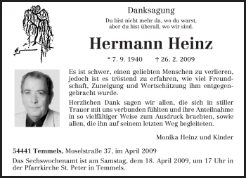 Traueranzeige von Hermann Heinz von TRIERISCHER VOLKSFREUND