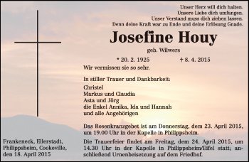 Traueranzeige von Josefine Houy von trierischer_volksfreund