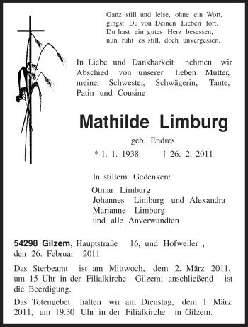 Traueranzeige von Mathilde Limburg von TRIERISCHER VOLKSFREUND