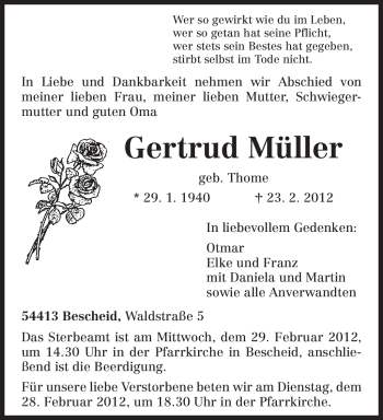 Traueranzeige von Gertrud Müller von TRIERISCHER VOLKSFREUND