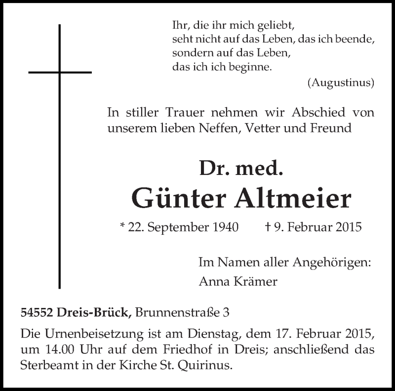  Traueranzeige für Günter Altmeier vom 13.02.2015 aus trierischer_volksfreund