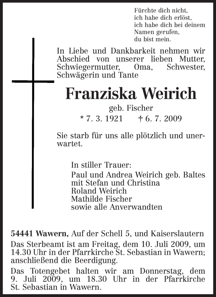  Traueranzeige für Franziska Weirich vom 08.07.2009 aus TRIERISCHER VOLKSFREUND
