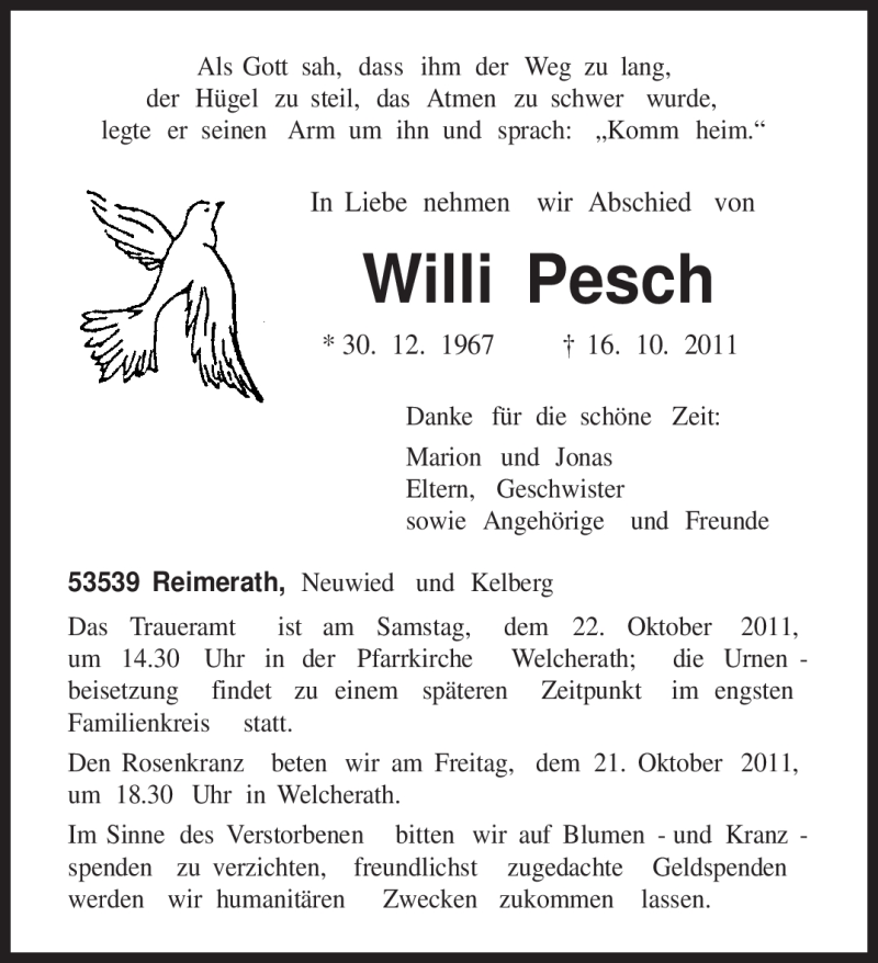  Traueranzeige für Willi Pesch vom 19.10.2011 aus TRIERISCHER VOLKSFREUND