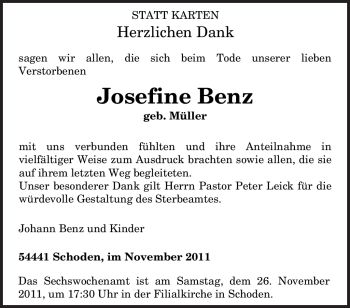 Traueranzeige von Josefine Benz von TRIERISCHER VOLKSFREUND