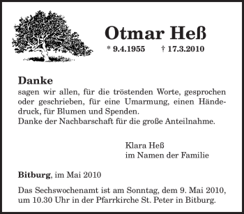 Traueranzeige von Otmar Heß von TRIERISCHER VOLKSFREUND