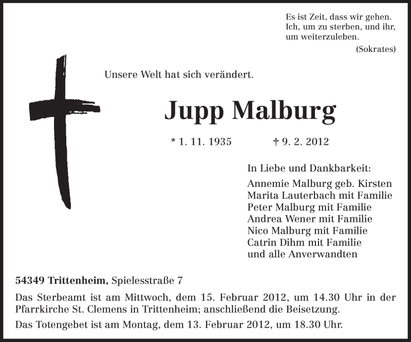  Traueranzeige für Jupp Malburg vom 11.02.2012 aus TRIERISCHER VOLKSFREUND