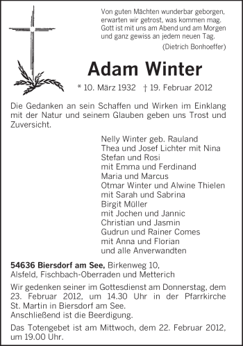 Traueranzeige von Adam Winter von TRIERISCHER VOLKSFREUND