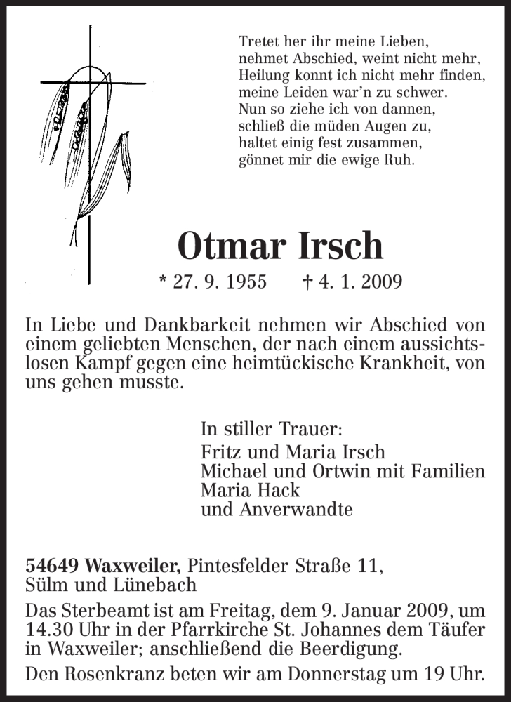  Traueranzeige für Otmar Irsch vom 07.01.2009 aus TRIERISCHER VOLKSFREUND