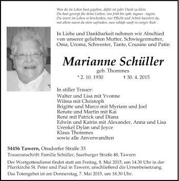 Traueranzeige von Marianne Schüller von trierischer_volksfreund