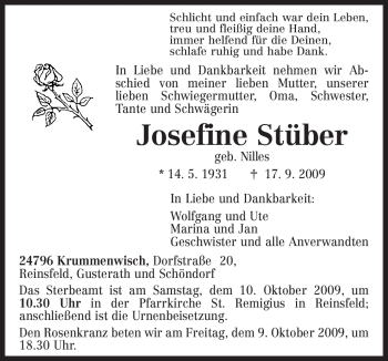 Traueranzeige von Josefine Stüber von TRIERISCHER VOLKSFREUND