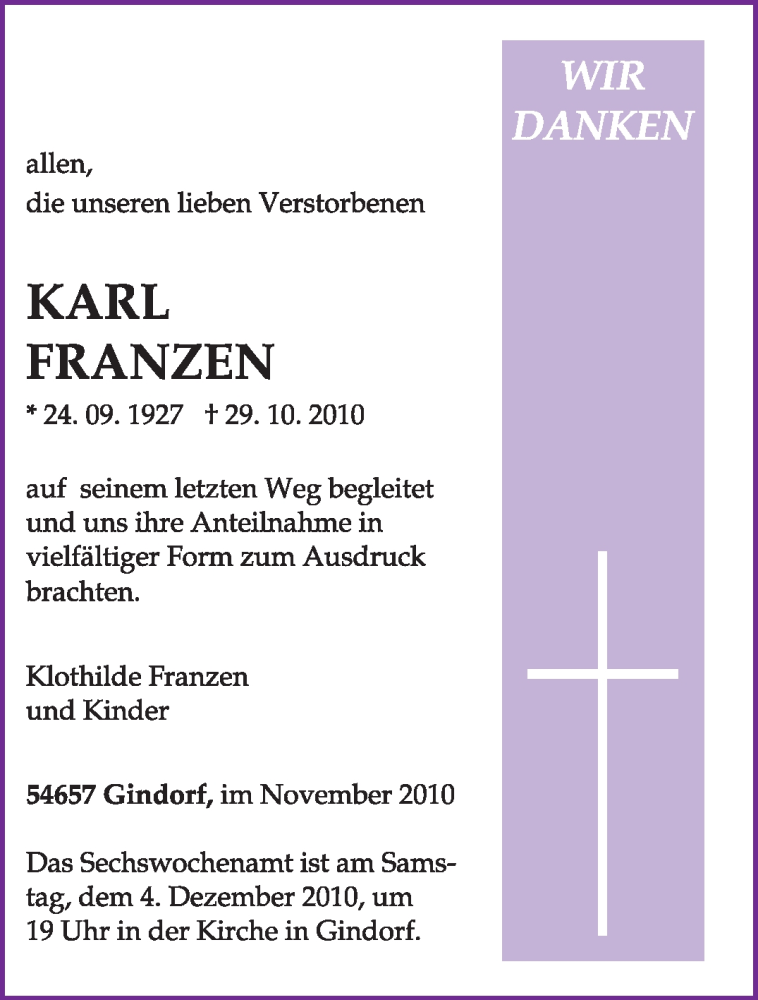  Traueranzeige für Karl Franzen vom 30.11.2010 aus TRIERISCHER VOLKSFREUND
