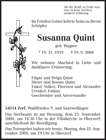 Traueranzeige von Susanna Quint von TRIERISCHER VOLKSFREUND