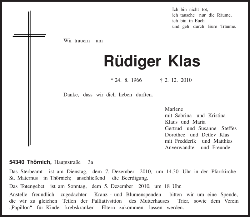  Traueranzeige für Rüdiger Klas vom 04.12.2010 aus TRIERISCHER VOLKSFREUND