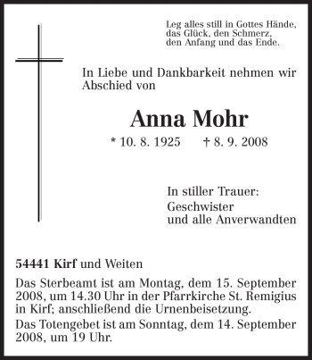 Traueranzeige von Anna Mohr von TRIERISCHER VOLKSFREUND
