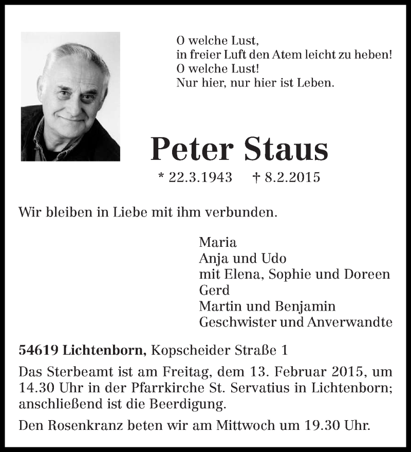  Traueranzeige für Peter Staus vom 10.02.2015 aus trierischer_volksfreund
