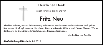 Traueranzeige von Fritz Neu von trierischer_volksfreund