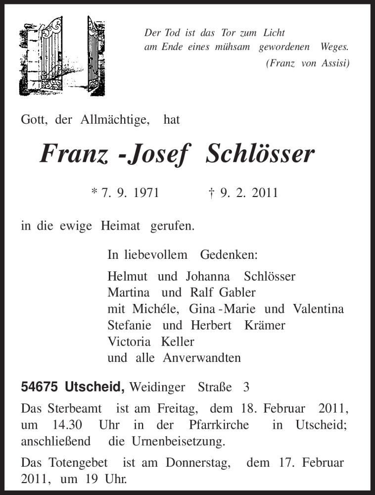  Traueranzeige für Franz - Josef Schlösser vom 15.02.2011 aus TRIERISCHER VOLKSFREUND