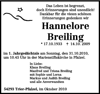 Traueranzeige von Hannelore Breiling von TRIERISCHER VOLKSFREUND