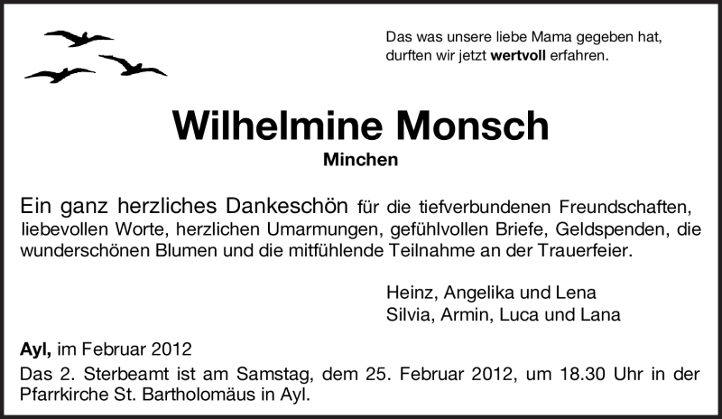  Traueranzeige für Wilhelmine Monsch vom 18.02.2012 aus TRIERISCHER VOLKSFREUND