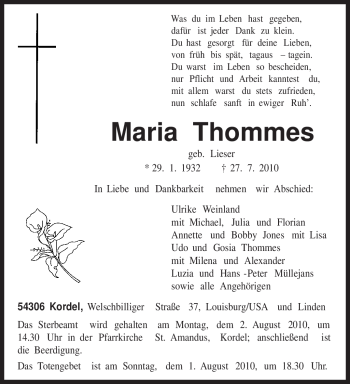 Traueranzeige von Maria Thommes von TRIERISCHER VOLKSFREUND