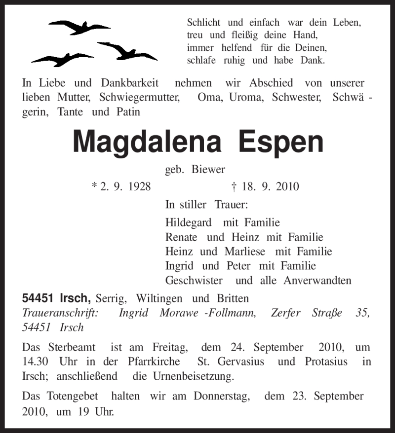  Traueranzeige für Magdalena Espen vom 21.09.2010 aus TRIERISCHER VOLKSFREUND