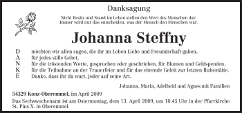 Traueranzeige von Johanna Steffny von TRIERISCHER VOLKSFREUND